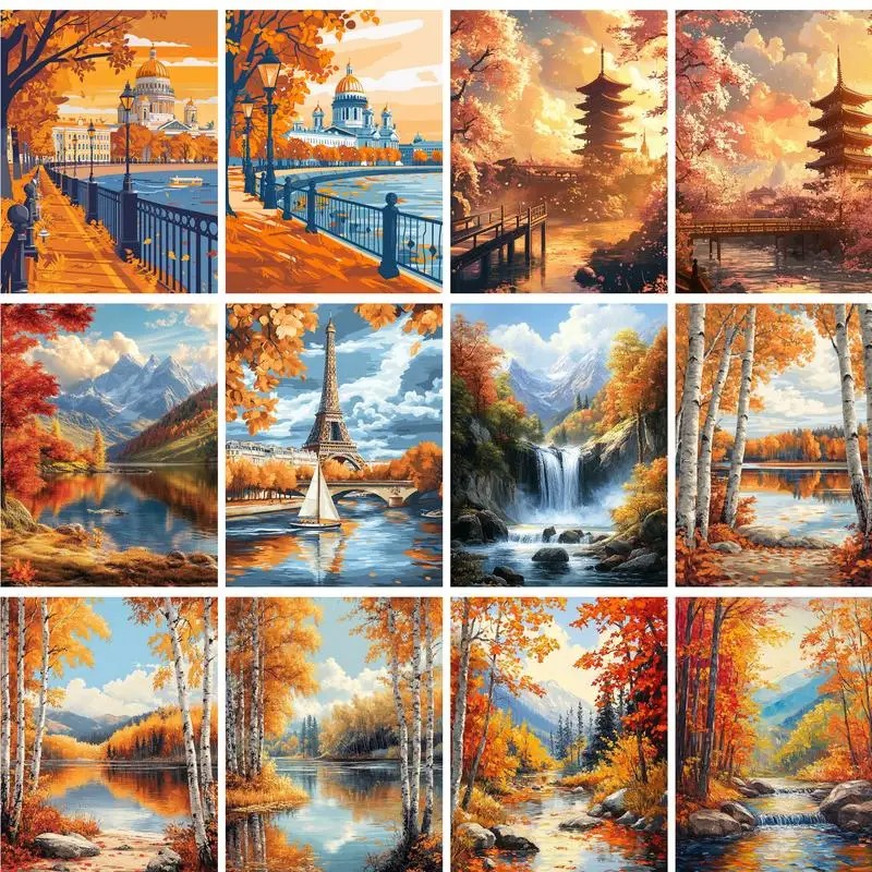 Photography Landscape - 40x50cm キャンバス上の数字塗り絵 数字で描く秋の風景画 大人向けDIYギフト絵画キット