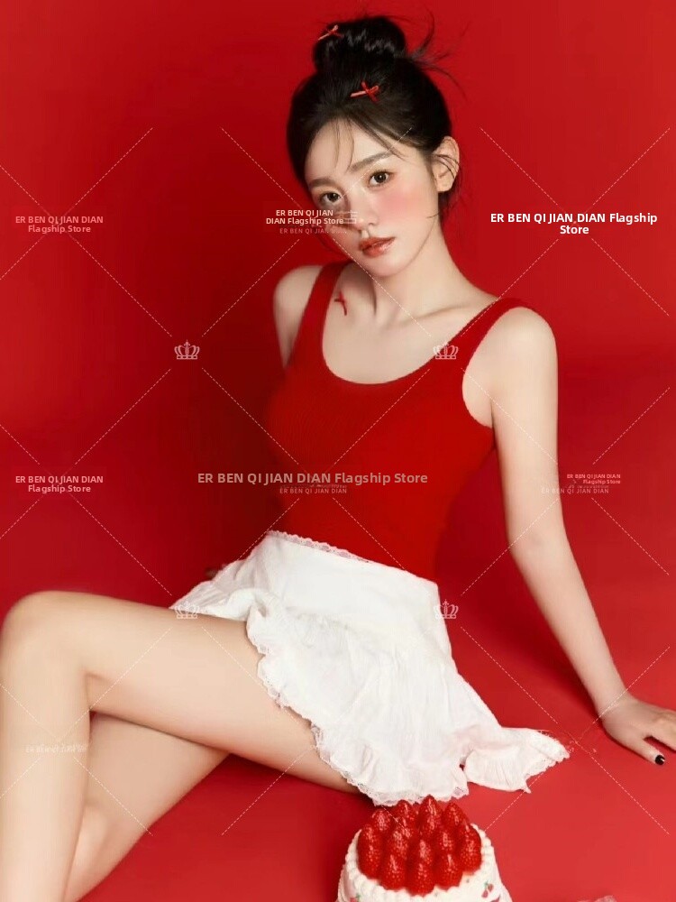 Photography Studio - 赤い誕生日テーマの写真撮影服韓国スタイルの芸術的な甘い個性的なポートレートスタジオファッショナブルなポリエステル生地