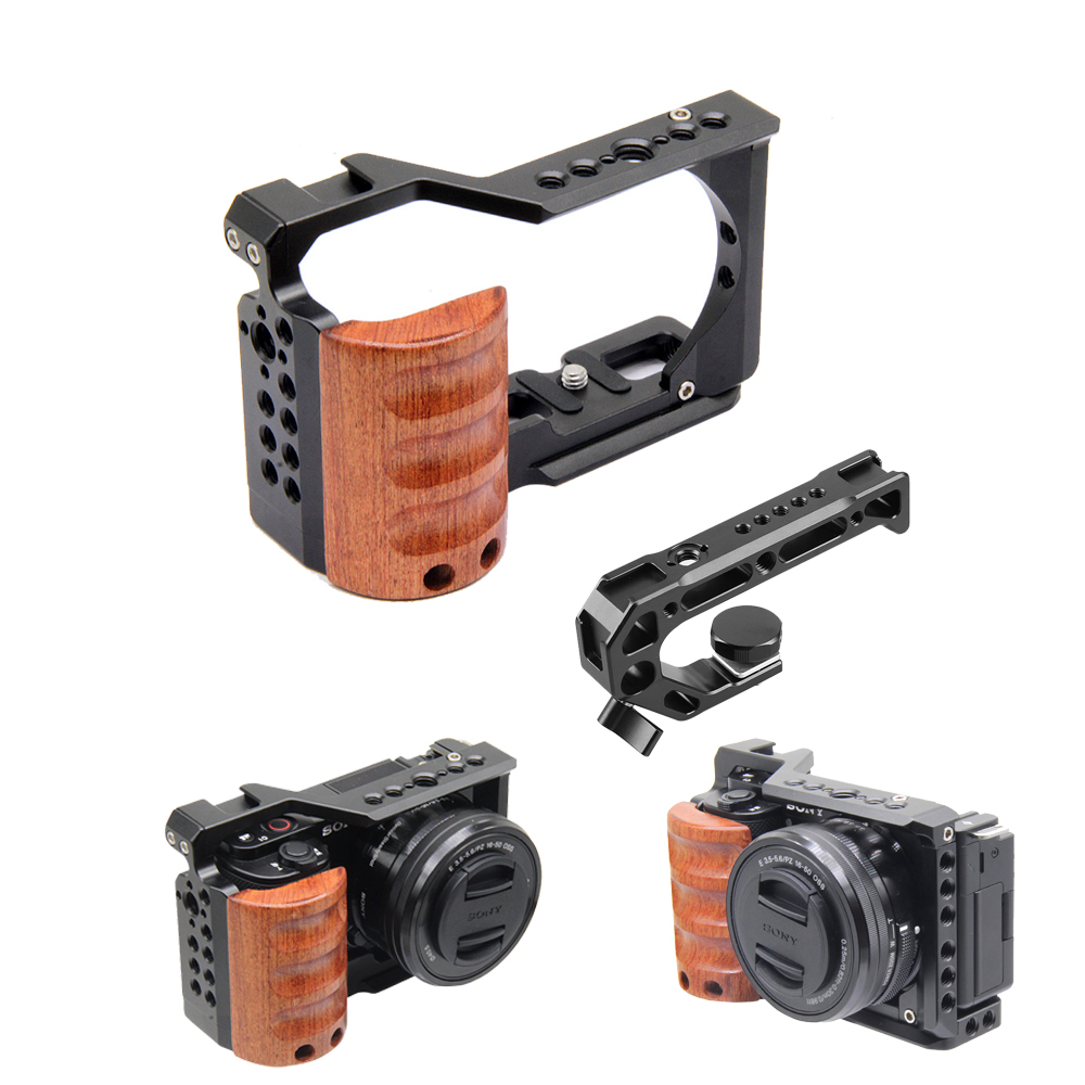 Camera Cage Baseplate - ソニーZV-E10用ケージカメラ、木製ハンドル付きコールドシュー、ラビットケージサポートブラケット、スタビライザー、ビデオLEDマイク、三脚