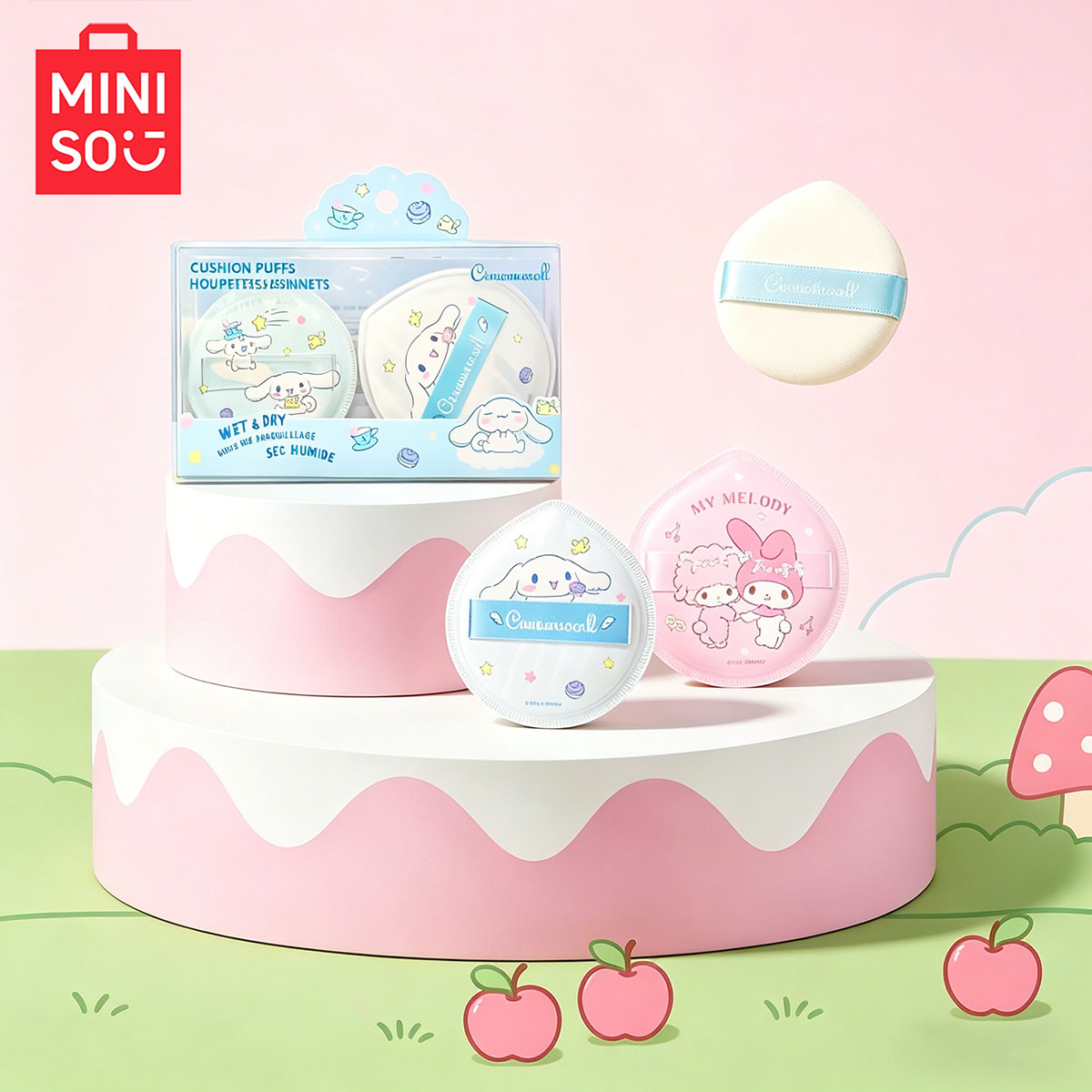 Beauty Dish Softbox - MINISO 超大型コットンキャンディエアクッションパウダーパフ 2個入り - 収納ボックス付きで耐久性があり、メイクを簡単に塗布できます