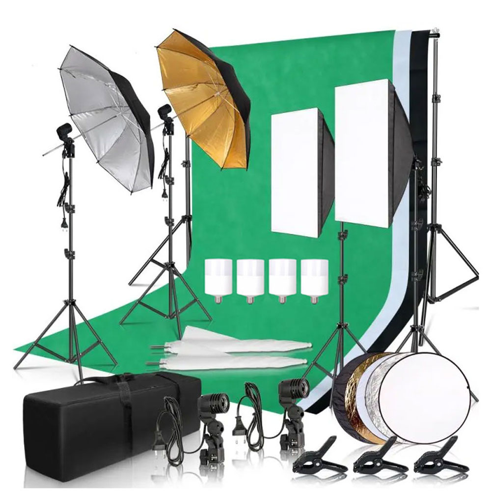 Backdrop Stand Kit - 写真撮影用ソフトボックス照明キット、2.6x3m背景フレーム、3枚の背景布、三脚スタンド、反射板、4つの傘付き