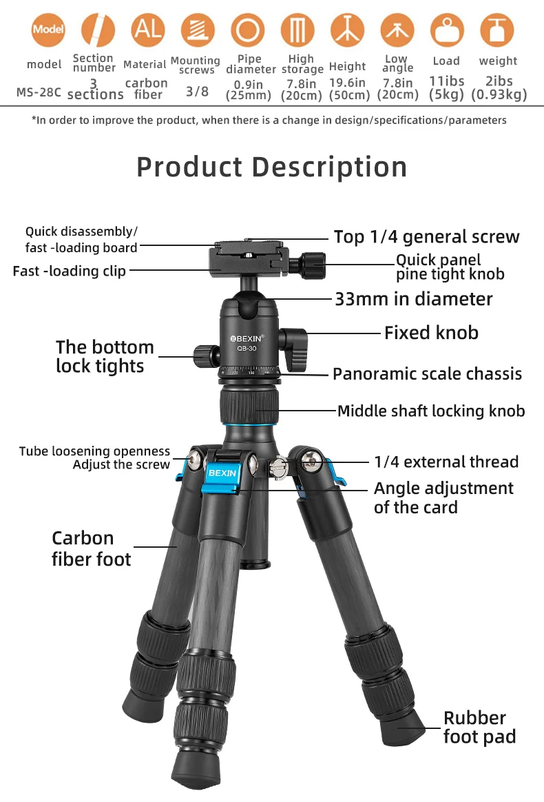 コンパクトで軽量なポータブルミニファイバー三脚,ハンドル付き - Camera Tripod Carbon のレビューと価格